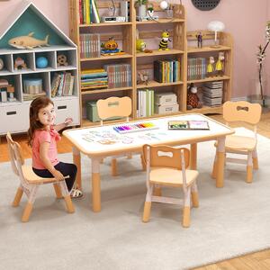 Costway Set tavolo per bambini e 4 sedie multiattività, Scrivania regolabile in altezza con piano graffiti Naturale