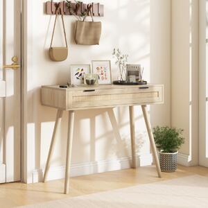 Costway Tavolo consolle in rattan per divano con cassetto rstraibile in legno, Tavolo d'ingresso in stile boho Naturale