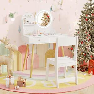 Costway Set da trucco per bambini con specchio illuminato, Set da tavolo e sedia da principessa con ripiano aperto Bianco