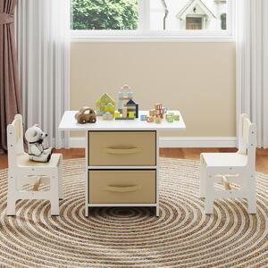 Costway Set di tavolo e 2 sedie bambini, Set di scrivania da 3 pezzi con ceste portaoggetti rimovibili per stanza giochi Beige e Bianco