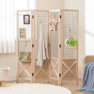 Costway Paravento a griglia 4 pannelli con schermo privacy pieghevole, Divisore decorativo in legno Naturale