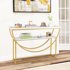 Costway Tavolo console a 2 ripiani con piano in marmo finto, Tavolo da divano extra lungo con struttura in metallo resistente Bianco + Oro