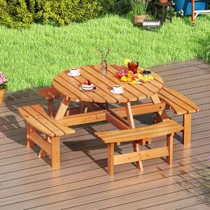 Costway Set tavolo da picnic rotondo per 8 persone, Tavolo da pranzo circolare con 4 panchine Giallo