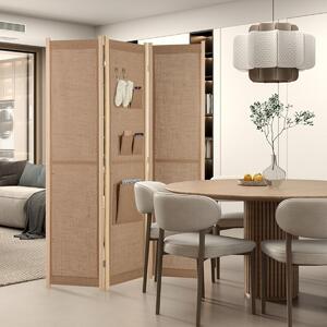 Costway Paravento in lino finto a 4 pannelli con tasche di stoccaggio, Schermo di privacy pieghevole con ganci Beige