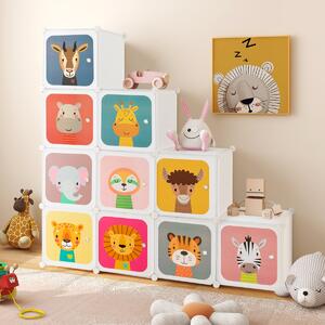 Costway Armadio portatile per bambini, Armadio con 12 cubi con 2 sezioni appendibili comò con cartoon Bianco