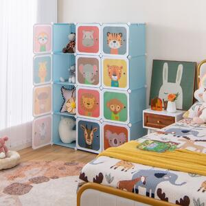 Costway Armadio portatile per bambini, Armadio con 12 cubi con 2 sezioni appendibili comò con cartoon Blu