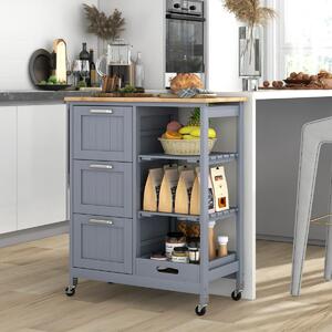 Costway Isola cucina con ruote bloccabili piano in legno di gomma e 2 ripiani rimovibili, Carrello multiuso Grigio