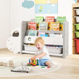 Costway Scaffale per giocattoli e libri per bambini, Libreria a tema auto con 3 ripiani 2 scatole e ruote decorative Beige e Grigio