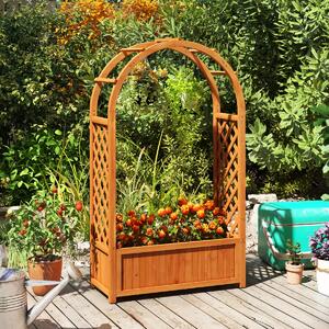 Costway Letto da giardino elevato con griglia tetto curvo fodera drenaggio, Cassone da piantagione in legno per piante rampicanti Marrone