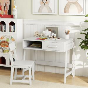 Costway Set scrivania e sedia con cassetto e scomparto, Set di tavoli da studio in legno per bambini Bianco