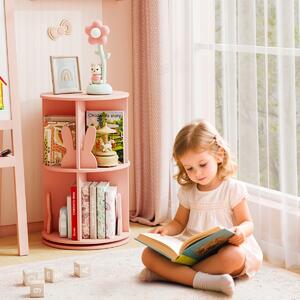 Costway Libreria rotante per bambini scaffale girevole a 360° con 2 ripiani, Portaoggetti con paratie a forma di coniglio Rosa