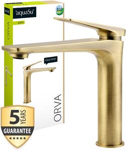 "Miscelatore per lavabo a parete modello Orva, finitura bronzo, con tecnologia aquaSu® per il risparmio idrico."