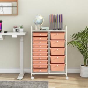 Costway Carrello con 15 cassetti estraibili e ruote con freno, Carrello multiuso per casa ufficio scuola Oro rosa