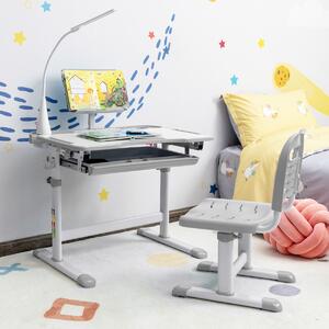 Costway Set scrivania e sedia per bambini con altezza regolabile, Scrivania e sedia con leggio per libri e luce LED Grigio