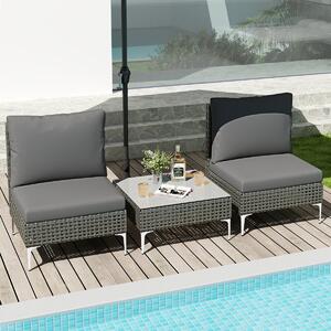 Costway Set da conversazione in rattan con cuscini e tavolino in vetro temperato, Mobili da esterno da 3 pezzi con tavolo e sedie Grigio