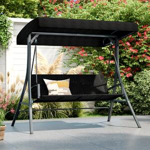 Costway Altalena da veranda 3 persone con supporto altalena da esterno con sedile rattan, Altalena Telaio in metallo e tettuccio regolabile Nero