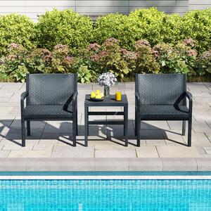 Costway Set di conversazione da esterno con 2 poltrone moderne in rattan e tavolino quadrato, Set di mobili da patio a 3 pezzi Grigio