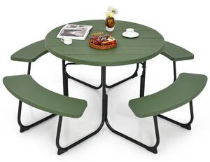 Costway Set tavolo da picnic per 8 persone con 4 panche e foro per ombrellone, Tavolo da picnic circolare portata 225kg Verde