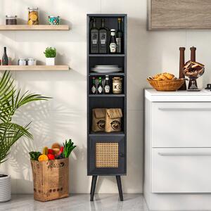 Costway Armadietto boho con porta in rattan gambe in legno massello, Mobile sottile autonomo ripiano regolabile Nero