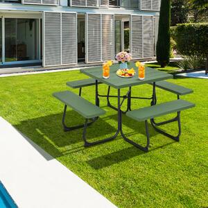 Costway Set tavolo da picnic quadrato per 8 persone, Tavolo per esterni con foro per ombrellone capacità di 225kg Verde