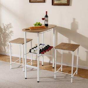 Costway Tavolo da pranzo ovale con portabottiglie e 2 sgabelli, Set da tavolo alto a 3 pezzi portabicchieri da vino Naturale