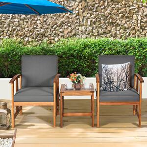 Costway Set divano da esterno in legno di acacia a 3 pezzi con cuscini, Set di mobili da conversazione imbottiti per giardino Grigio
