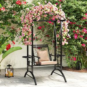 Costway Altalena da esterno con supporto e 2 grigliati per adulti, Sedia a dondolo da patio con cuscini removibili per giardino Nero