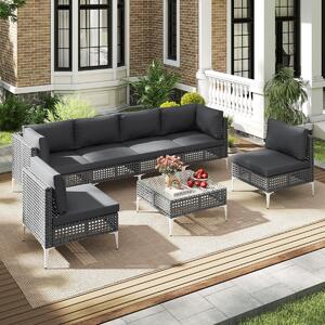 Costway Sedie in rattan per patio con tavolino da gaffè in vetro temperato per giardino, Set di mobili da esterno 7 pezzi con cuscini Grigio