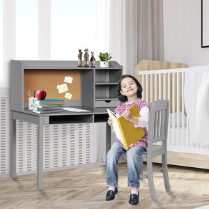 Costway Scrivania per bambini con sedia mensola bacheca in sughero da letto, Set scrivania e sedia per bambini postazione di lavoro Grigio