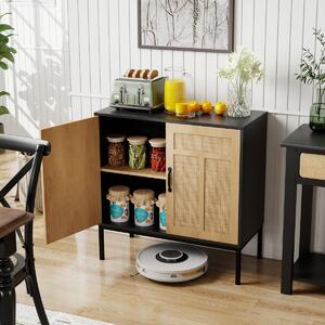 Costway Armadietto boho con motivo asimmetrico con ripiano regolabile a 3 posizioni, Armadio portaoggetti in rattan per cucina Nero