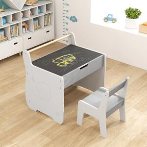 Costway Set tavolo e sedia per bambini con piano rimovibile 2-in-1, Set scrivania in legno con spazio di archiviazione Grigio e Bianco