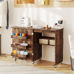 Costway Carrello per artigianato con ripiano e contenitori per camera da letto, Tavolo da cucito pieghevole con stazione di ricarica Marrone