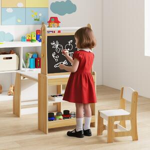 Costway Tavolo da attività multifunzionale con lavagna e sedia lavagna bianca, Set tavolo e sedia per bambini 2 ripiani rotolo di carta Naturale