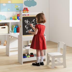 Costway Tavolo da attività multifunzionale con lavagna e sedia lavagna bianca, Set tavolo e sedia per bambini 2 ripiani rotolo di carta Grigio