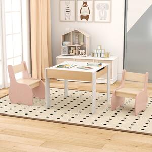 Costway Tavolo sedie ragazzi lavagna rimovibile e scaffale bambini legno 2 livelli, Set tavolo sedie bambini e libreria legno bambini