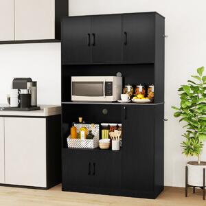 Costway Credenza autoportante con supporto per microonde sala da pranzo in legno per cucina, Armadio dispensa alto 180 cm con presa Nero