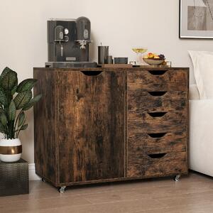 Costway Mobiletto con 5 cassetti e anta per ufficio a casa, Carrello con ripiano regolabile e 5 rotelle Marrone
