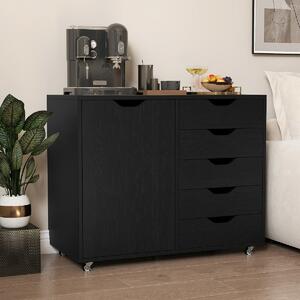Costway Mobiletto con 5 cassetti e anta per ufficio a casa, Carrello con ripiano regolabile e 5 rotelle Nero