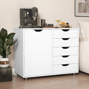 Costway Mobiletto con 5 cassetti e anta per ufficio a casa, Carrello con ripiano regolabile e 5 rotelle Bianco