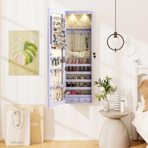 Costway Armadio portagioie con specchio in legno a parete con LED interno 35,5x10x120cm Viola