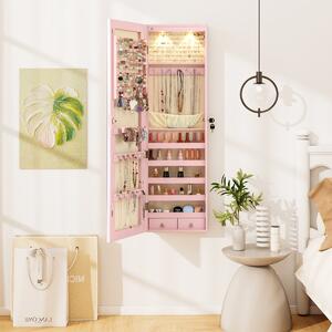 Costway Armadio portagioie con specchio in legno a parete con LED interno 35,5x10x120cm Rosa