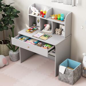 Costway Scrivania in legno per bambini con mensola e cassetto spazio di stoccaggio, Tavolo da scrittura per lettura 80x48x102cm Grigio chiaro