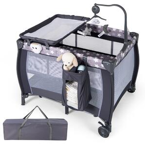 Costway Lettino da viaggio per neonati con culla fasciatoio rimovibile sbarra girevole, Lettino da campeggio portatile Grigio scuro