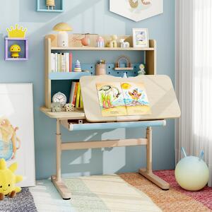 Costway Tavolo da studio regolabile in altezza con piano inclinabile mensole, Scrivania per bambini con libreria e cassetto Blu