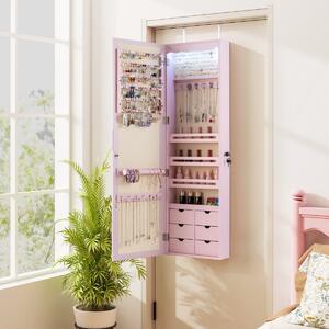 Costway Armadio portagioie con specchio e 6 cassetti in legno, Armadietto portagioielli da porta con 5 luci LED Rosa