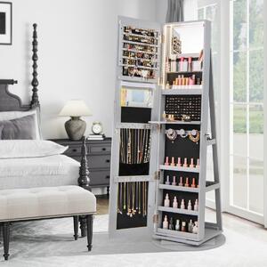 Costway Armadio portagioielli girevole con specchio a figura intera luci LED, Organizer da terra di gioielli Grigio
