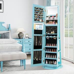 Costway Armadio portagioielli girevole con specchio a figura intera luci LED, Organizer da terra di gioielli Blu
