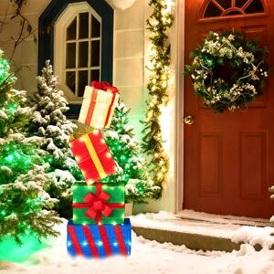 Costway Pacchi regalo decorativi con 51 luci LED caldi fiocchi e combinazione flessibile, Set di 4 scatole regalo a LED di natale