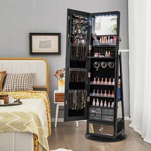 Costway Armadietto portagioie girevole a 360° con specchio lungo, Specchio portagioie con luci LED e specchietto Nero