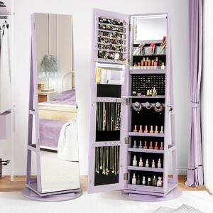 Costway Armadio portagioielli girevole con specchio a figura intera luci LED, Organizer da terra di gioielli Viola